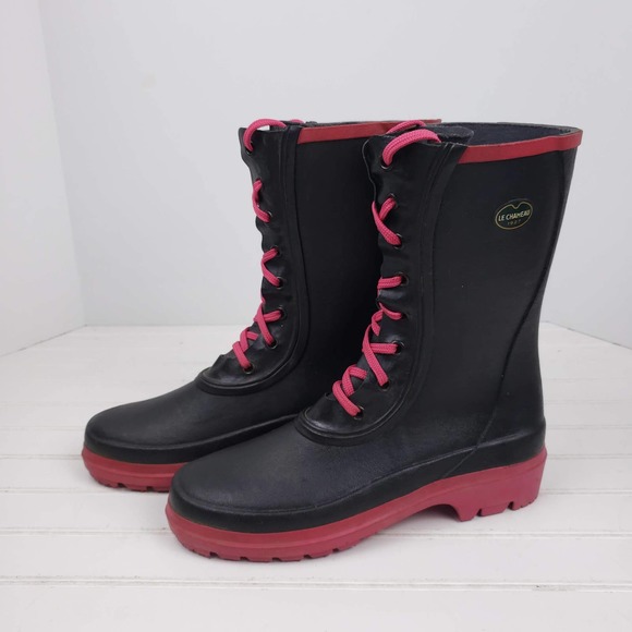Le Chameau Women's Lace Up Black Pink Wellies Rain Boots size 42 EU 10 US - Picture 1 of 6
